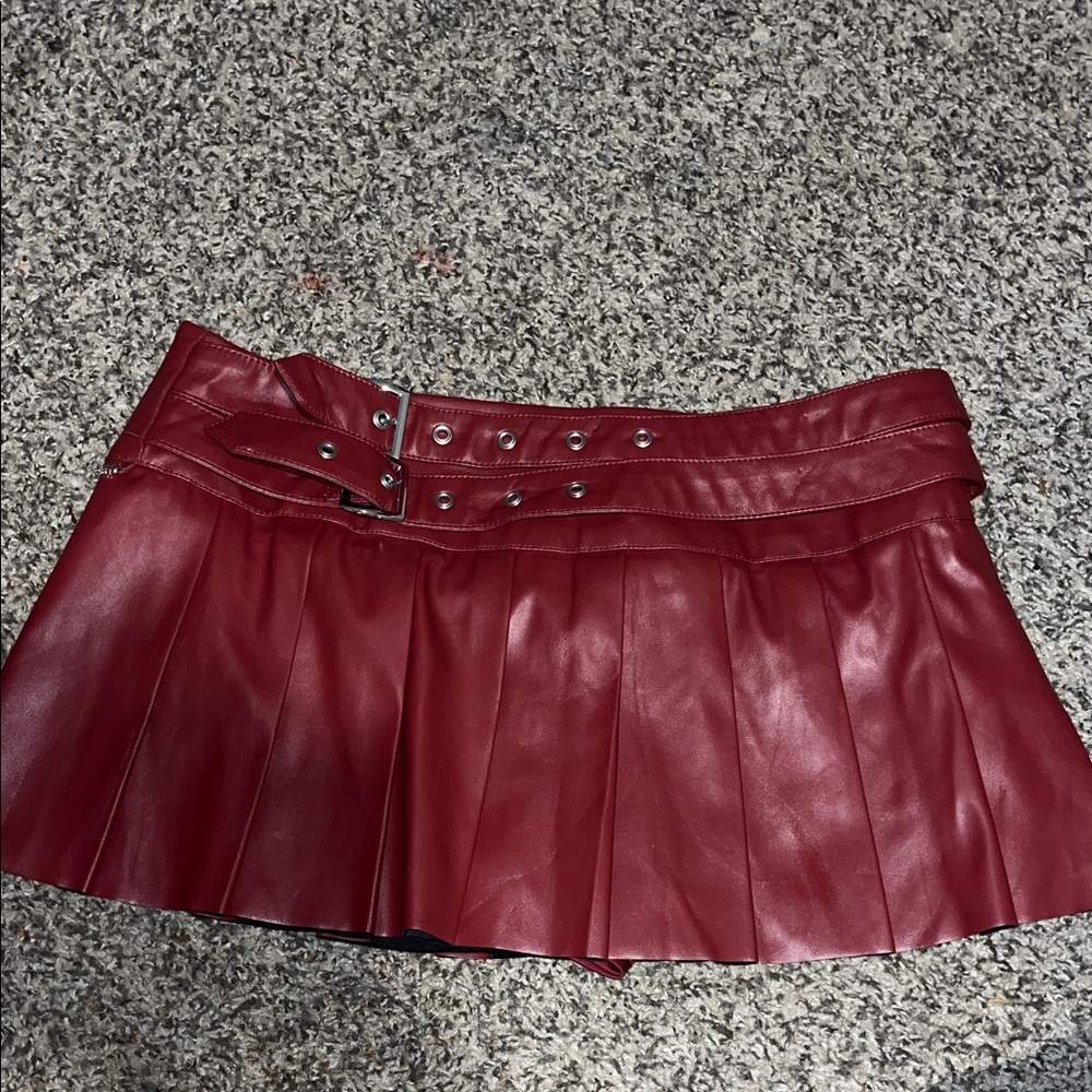 Red Pleated Leather Skirt